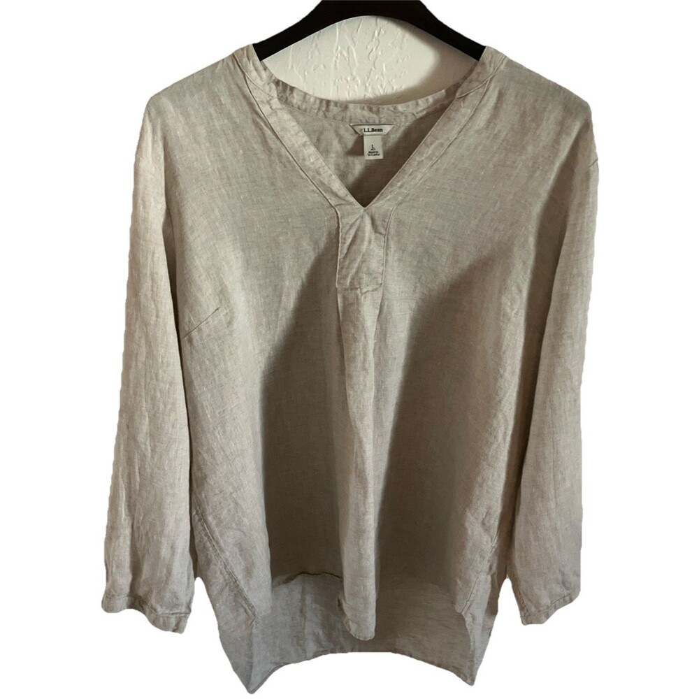 L.L. Bean shirt L beige Henley Women 100% LINEN minimalist core light academia
